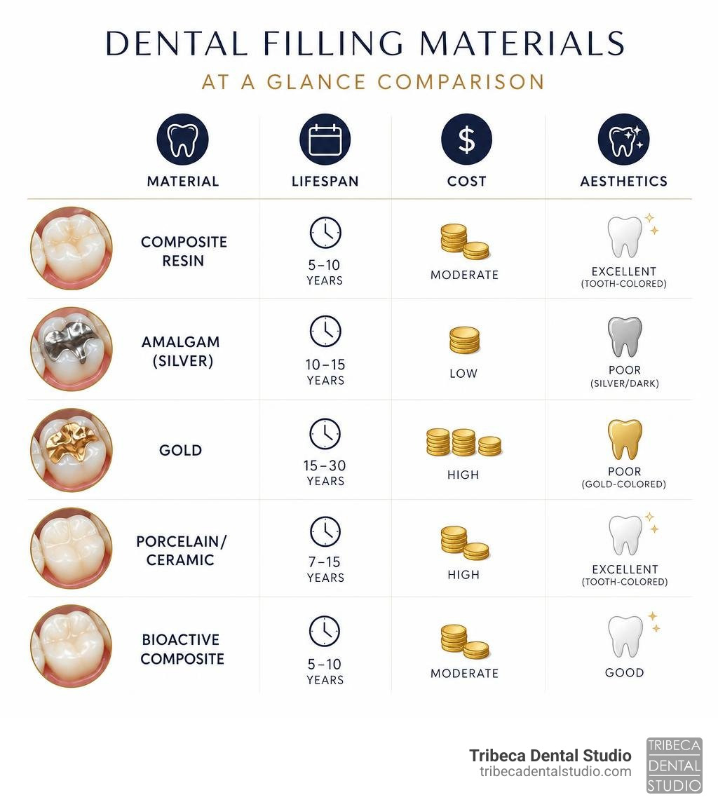 Comparison infographic of dental filling materials by type, lifespan, cost, and aesthetics infographic Comparison infographic of dental filling materials by type, lifespan, cost, and aesthetics infographic