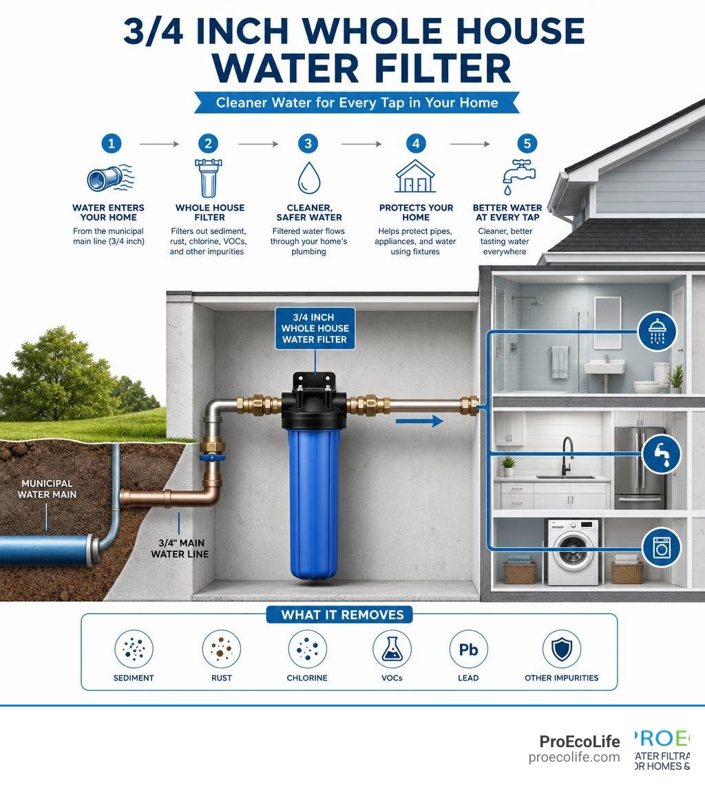 Infographic showing how a 3/4 inch whole house water filter connects to a residential main line and filters contaminants