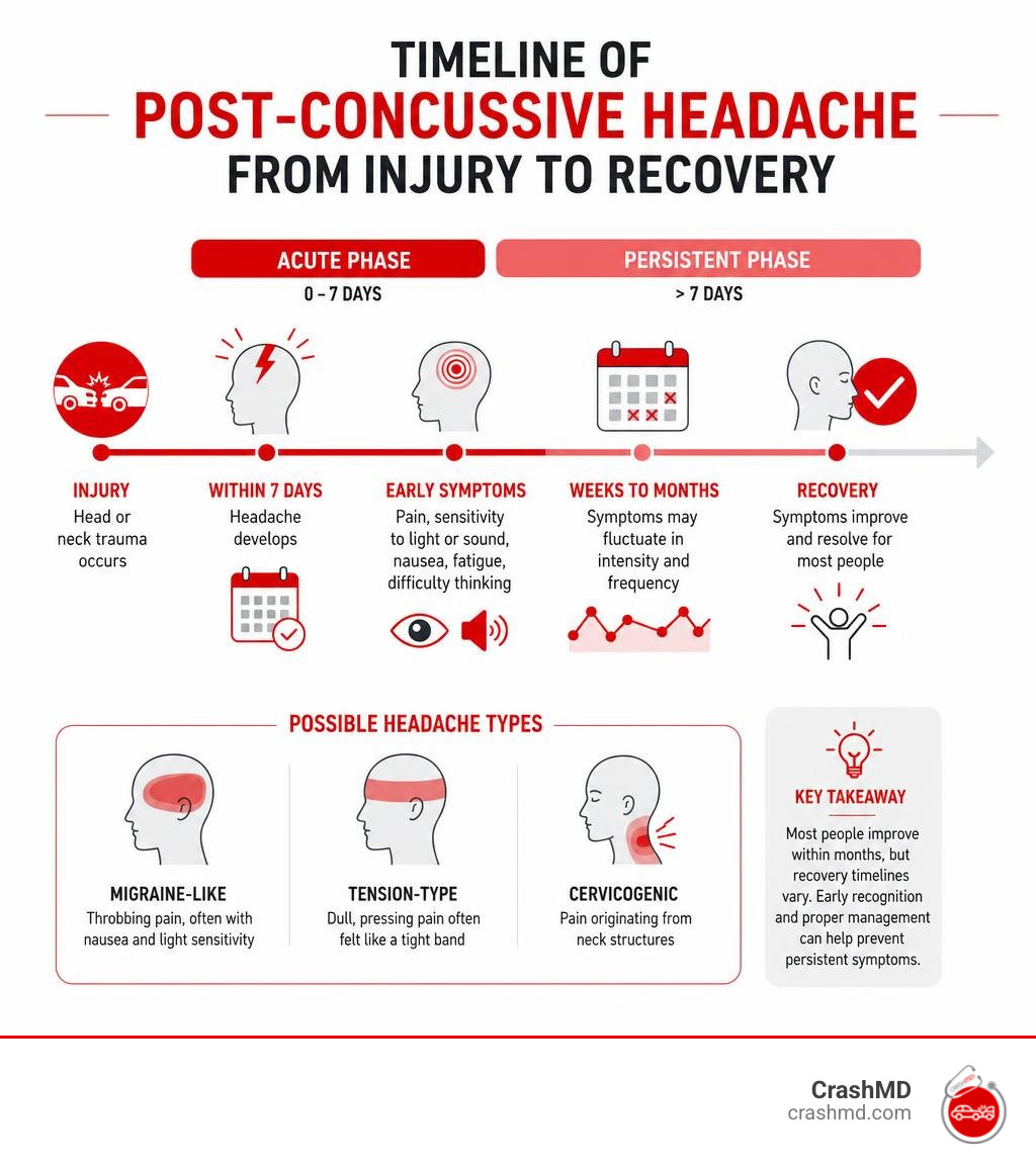 Timeline of post-concussive headache symptoms from injury to recovery, showing acute and persistent phases infographic Timeline of post-concussive headache symptoms from injury to recovery, showing acute and persistent phases infographic