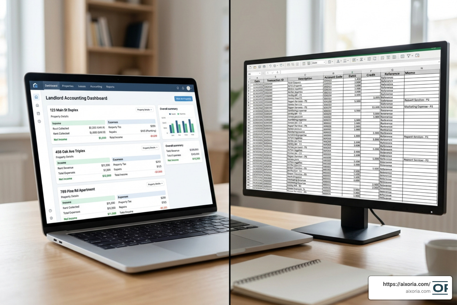 A comparison of a dedicated landlord dashboard showing property-specific accounting versus a general ledger