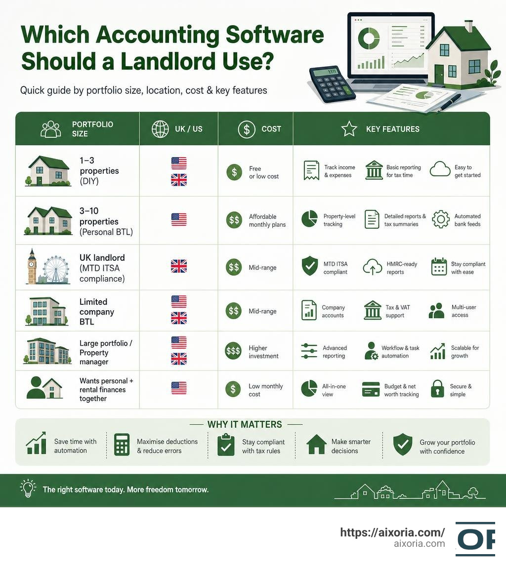 Infographic comparing landlord accounting software types by portfolio size, UK or US, cost, and key features infographic
