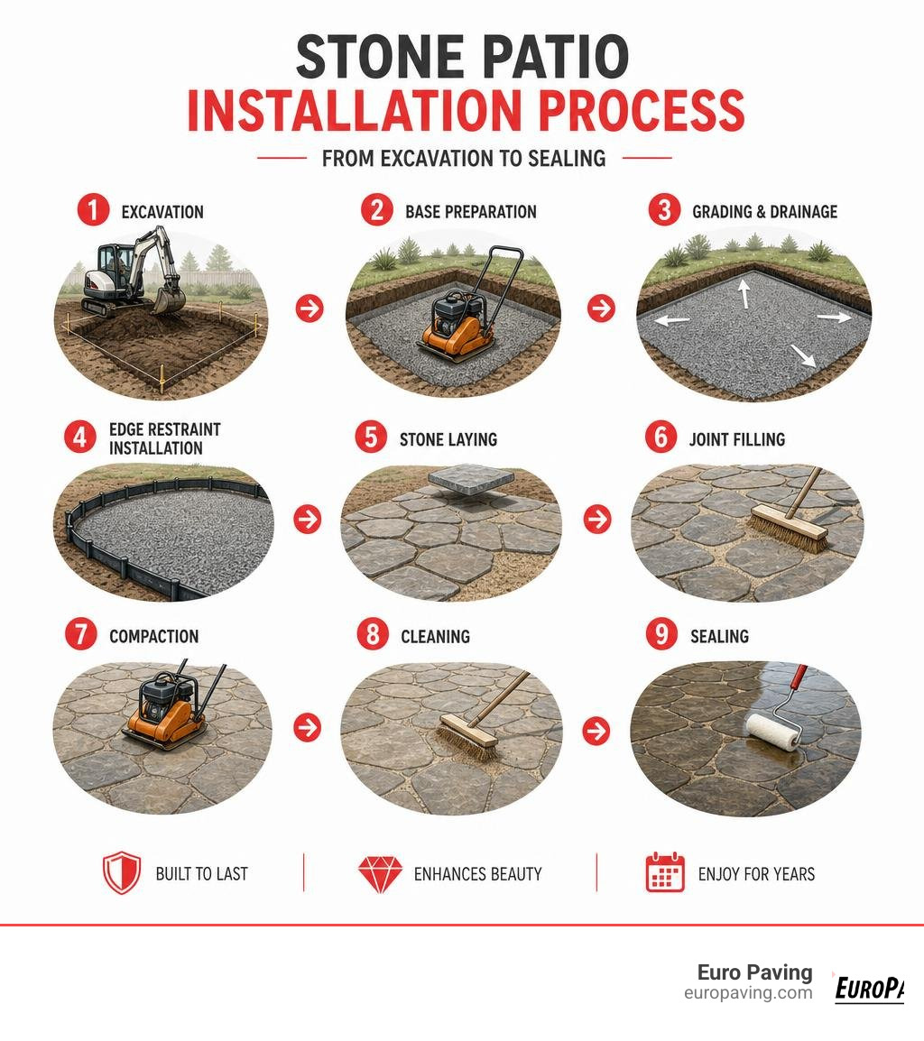 Stone patio installation process steps infographic from excavation to sealing infographic