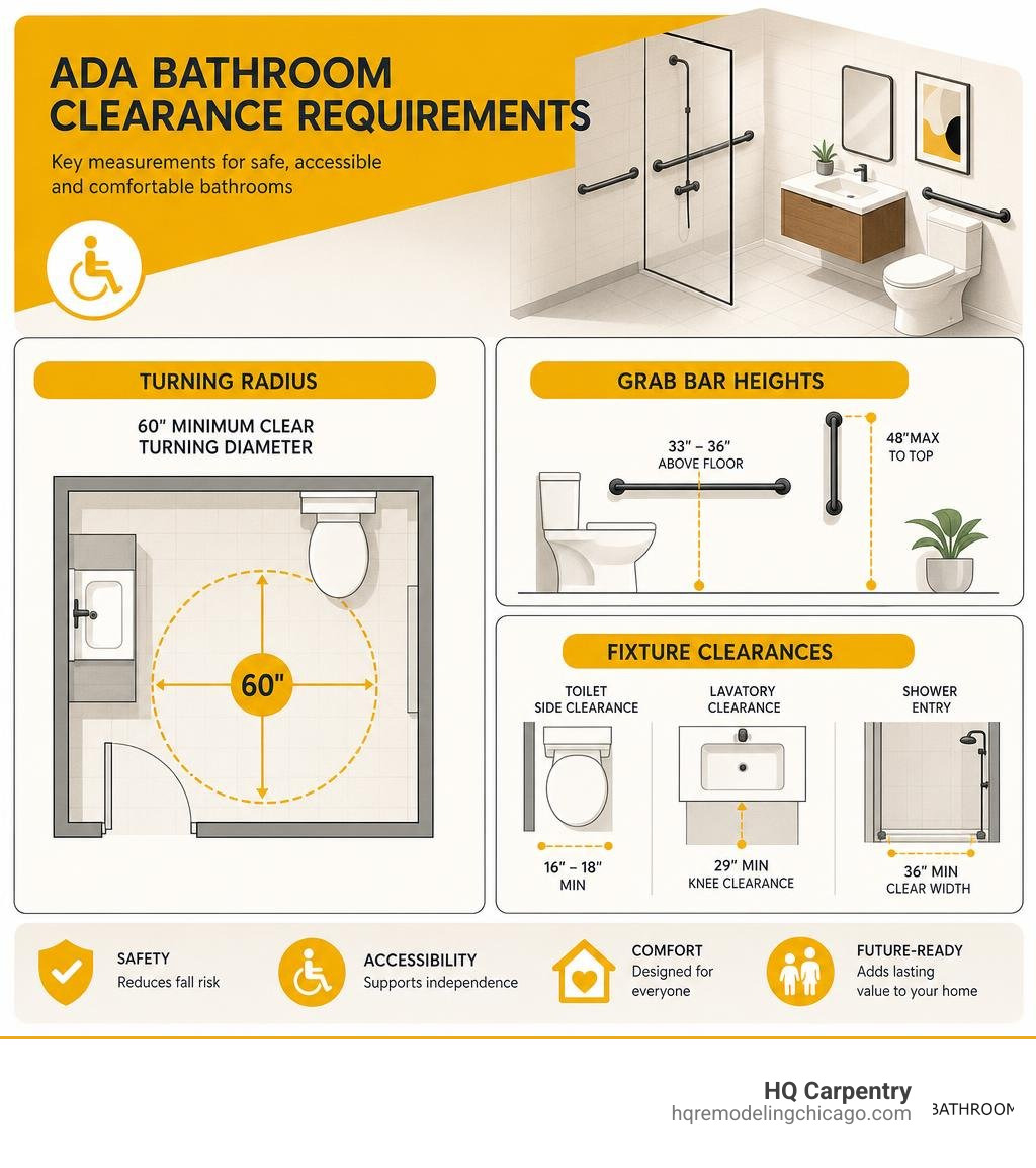 Infographic showing ADA bathroom clearance requirements: 60-inch turning radius, grab bar heights, fixture clearances