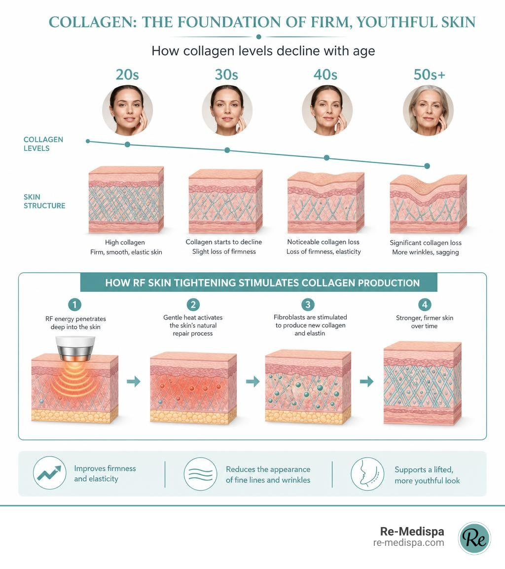 How collagen levels decline with age and how RF skin tightening stimulates collagen production infographic How collagen levels decline with age and how RF skin tightening stimulates collagen production infographic