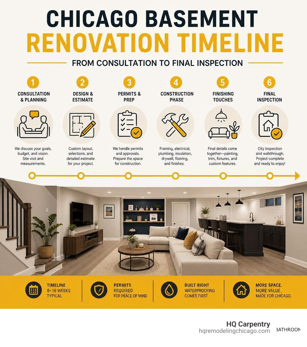 Chicago basement renovation timeline infographic from consultation to final inspection infographic Chicago basement renovation timeline infographic from consultation to final inspection infographic
