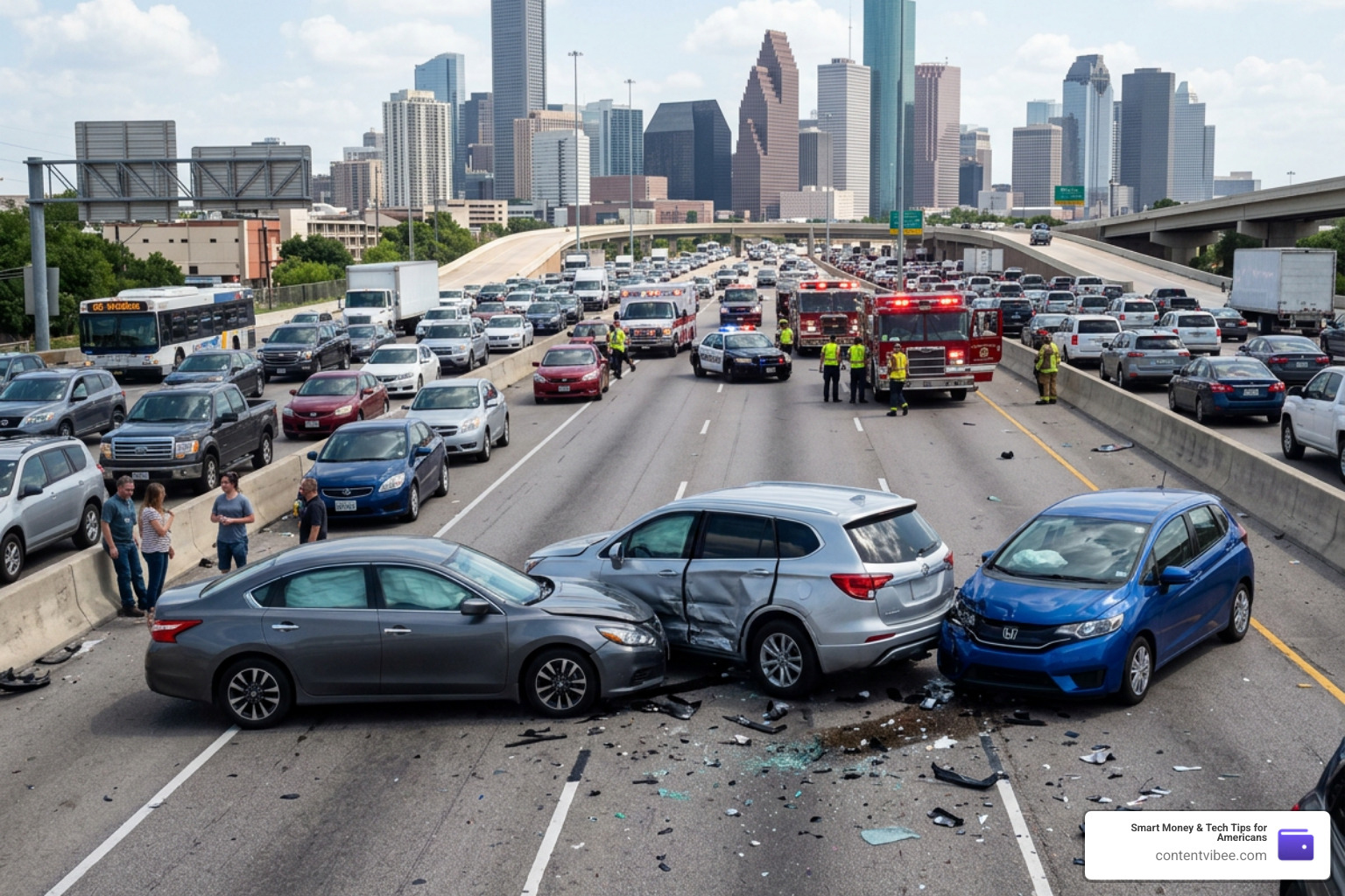Car accident scene on a busy Houston highway