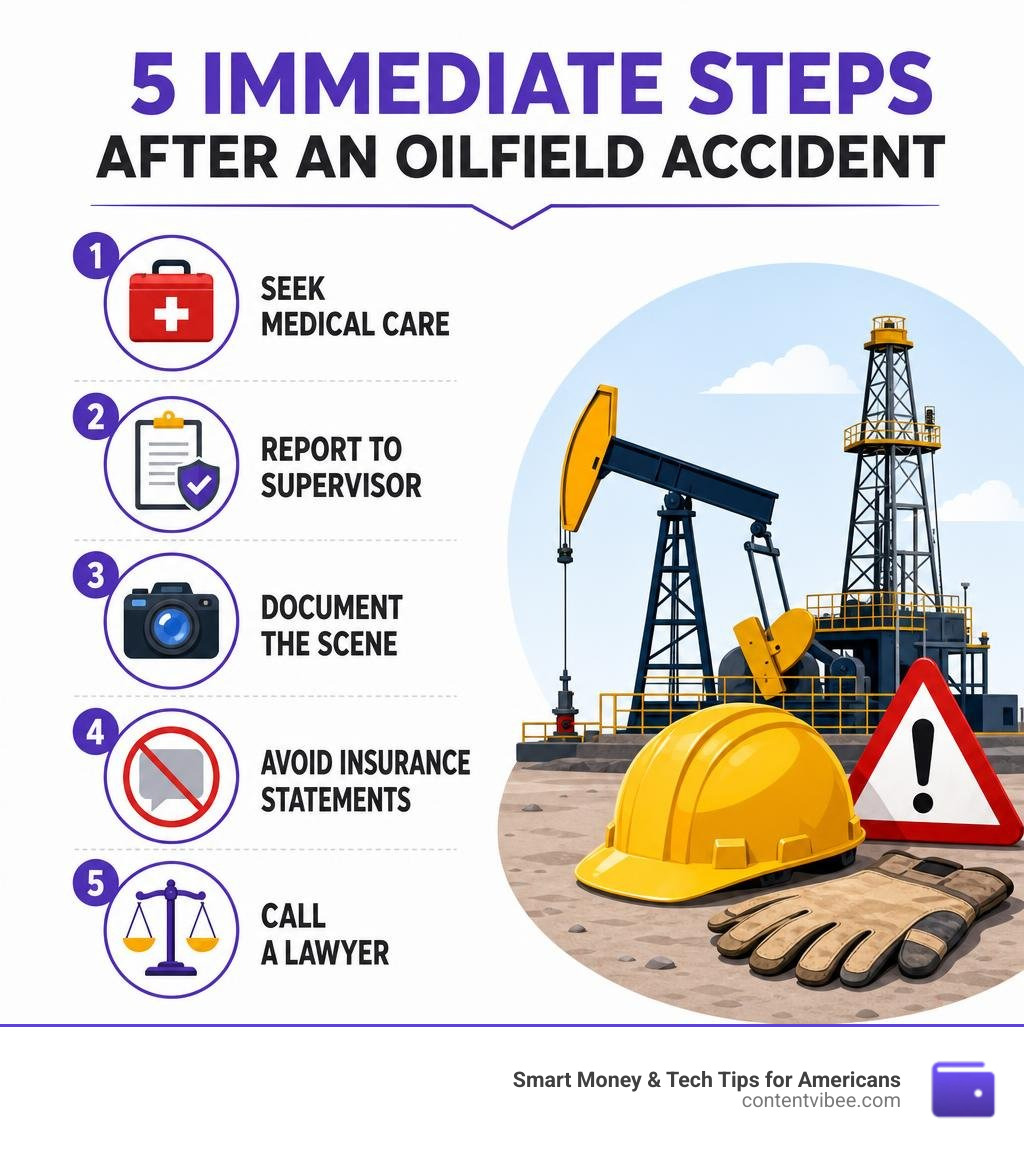 Infographic: 5 immediate steps after an oilfield accident, including seek medical care, report to supervisor, document the