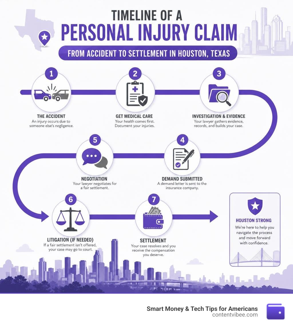 Timeline of a personal injury claim from accident to settlement in Houston Texas infographic