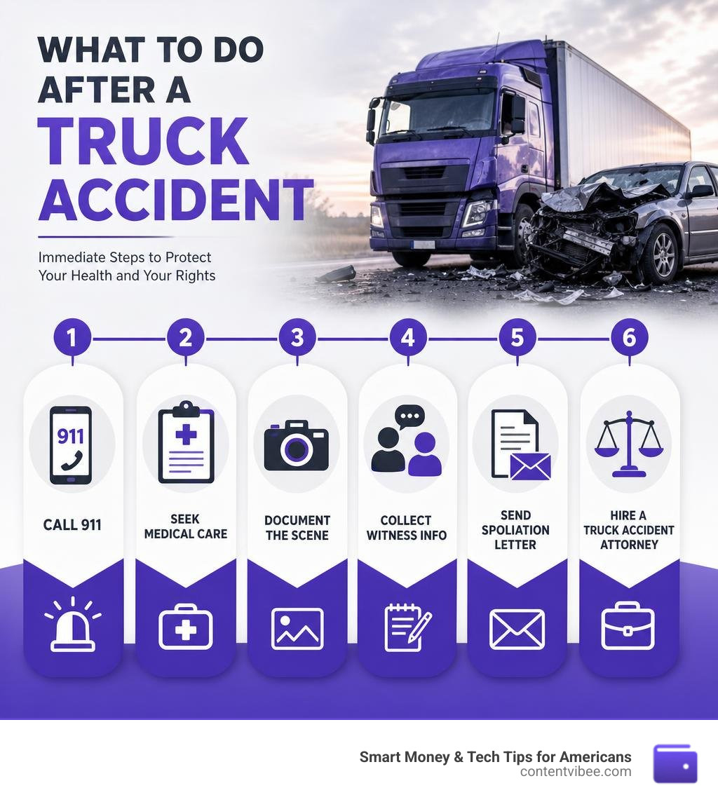 Infographic showing immediate steps after a truck accident: call 911, seek medical care, document the scene, collect witness