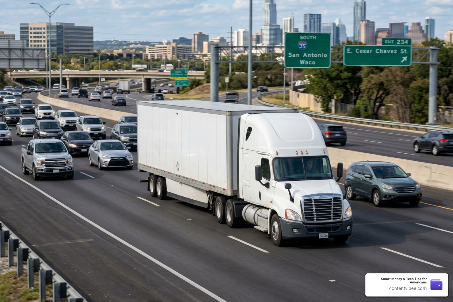 A commercial truck driving on a busy Texas highway