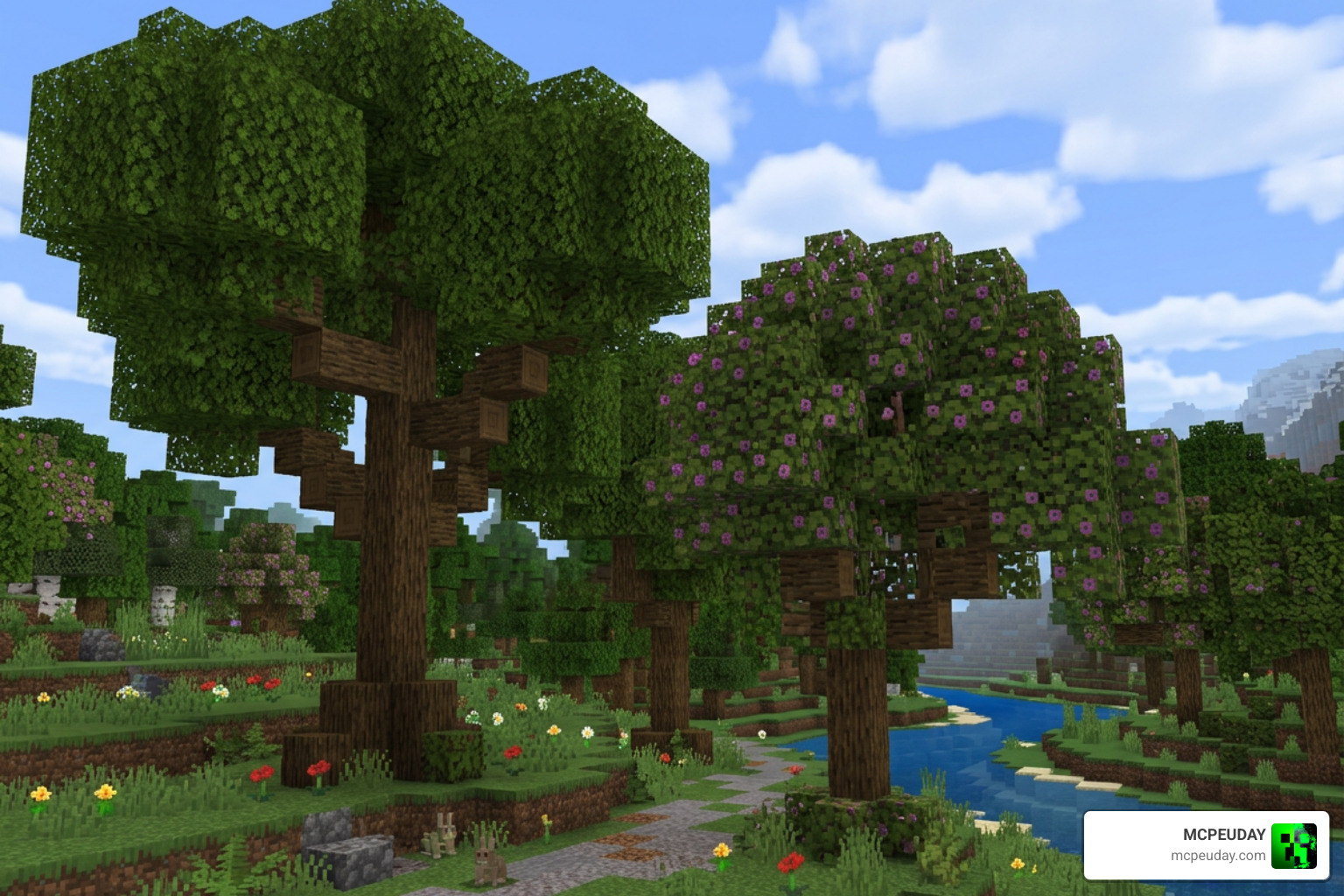 Redesigned Azalea and Oak trees in Bedrock Edition showcasing thicker leaves and natural branch structures Redesigned Azalea and Oak trees in Bedrock Edition showcasing thicker leaves and natural branch structures