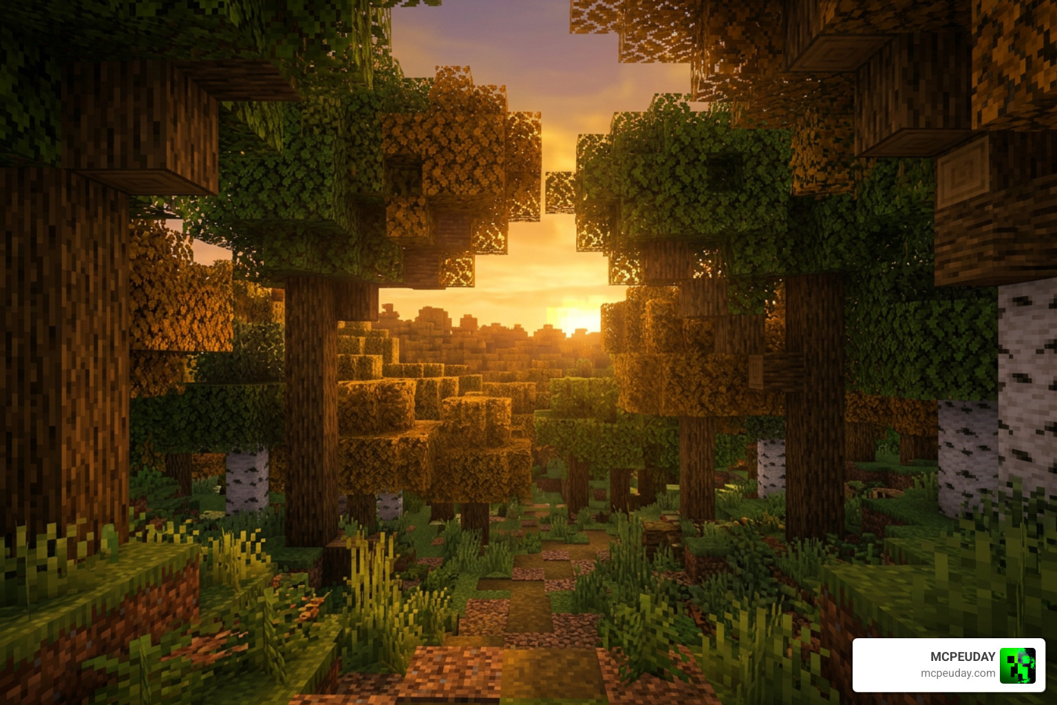 A beautiful sunset through realistic Minecraft tree branches in a dense forest A beautiful sunset through realistic Minecraft tree branches in a dense forest