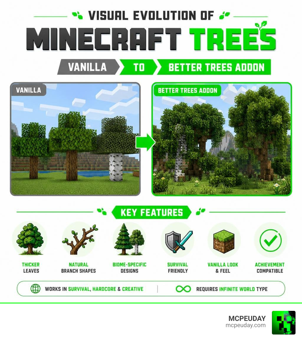 Visual evolution of Minecraft trees from vanilla to Better Trees ADDON with key features labeled infographic Visual evolution of Minecraft trees from vanilla to Better Trees ADDON with key features labeled infographic