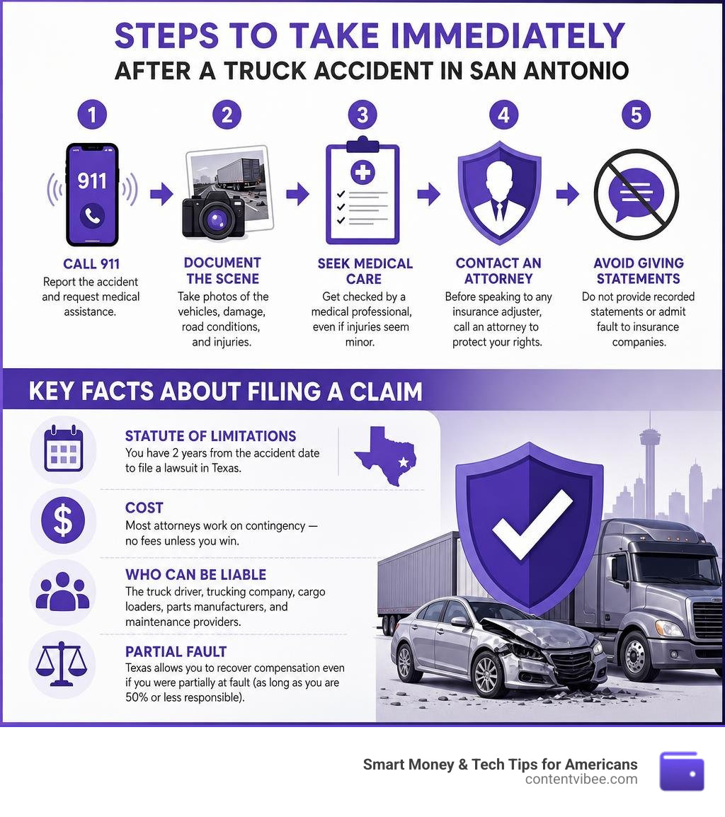 Steps to take immediately after a truck accident in San Antonio and key facts about filing a claim infographic