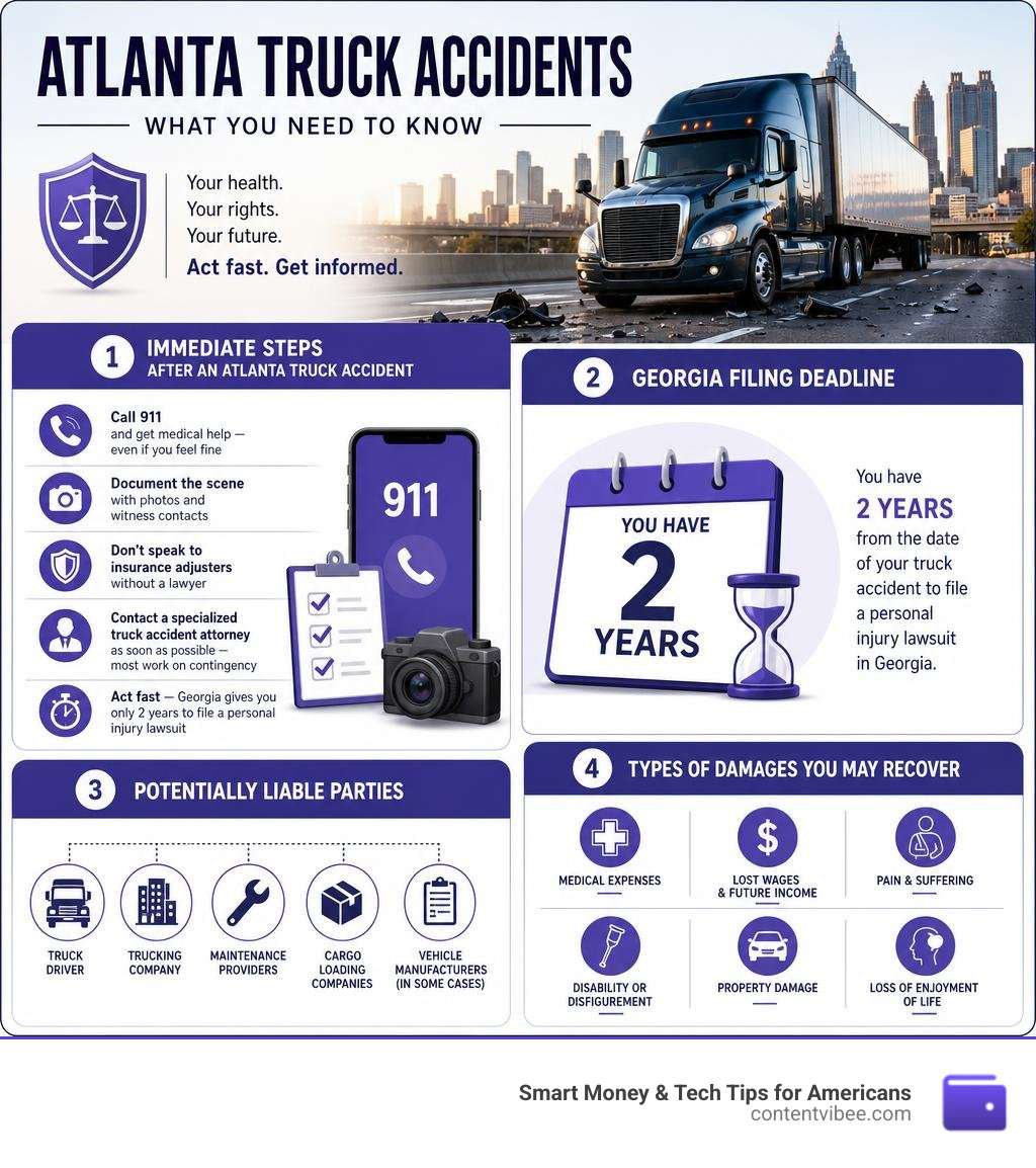 Infographic showing immediate steps after Atlanta truck accident, Georgia 2-year filing deadline, liable parties, and damage