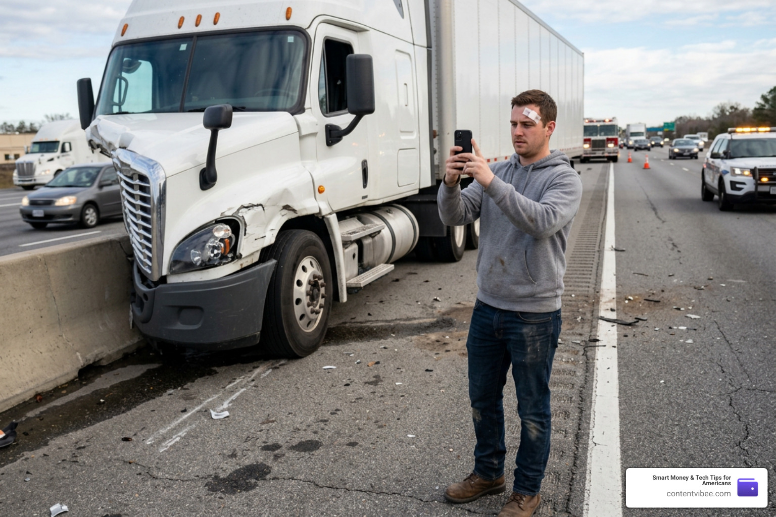 Accident victim documenting evidence on phone at truck crash scene