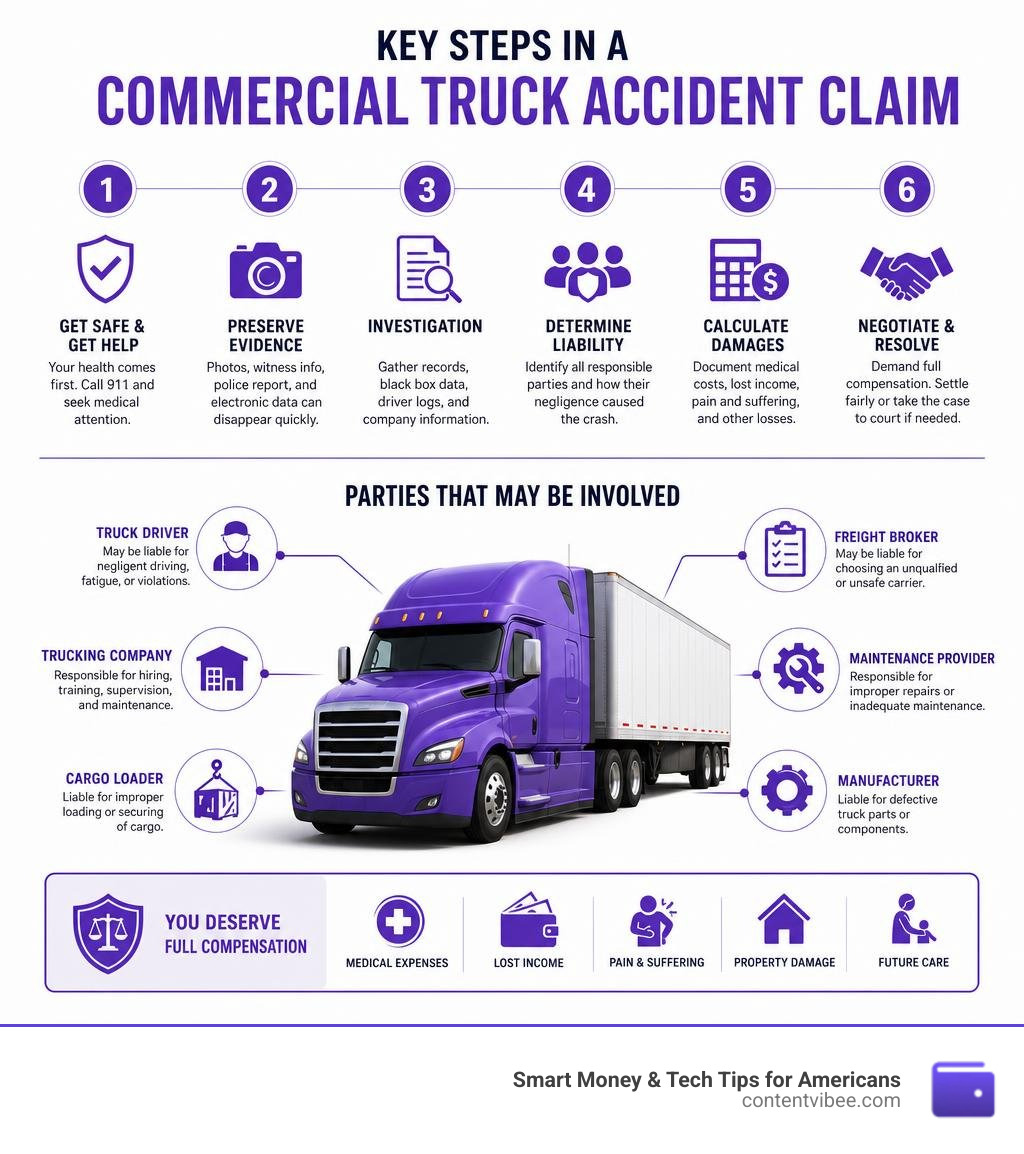 Key steps and parties involved in a commercial truck accident claim infographic infographic