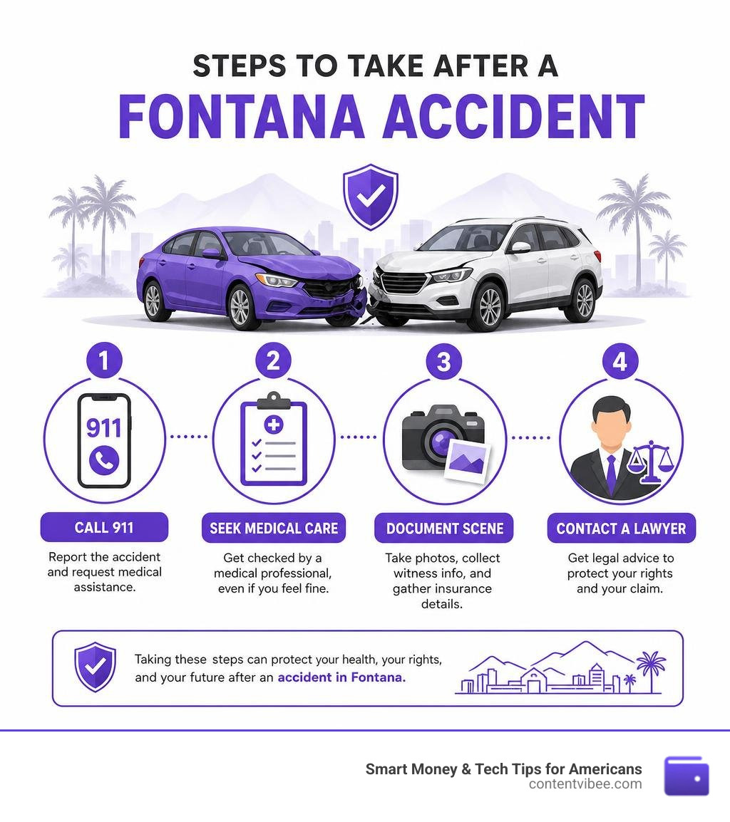 Steps to take after a Fontana accident: call 911, seek medical care, document scene, contact a lawyer infographic