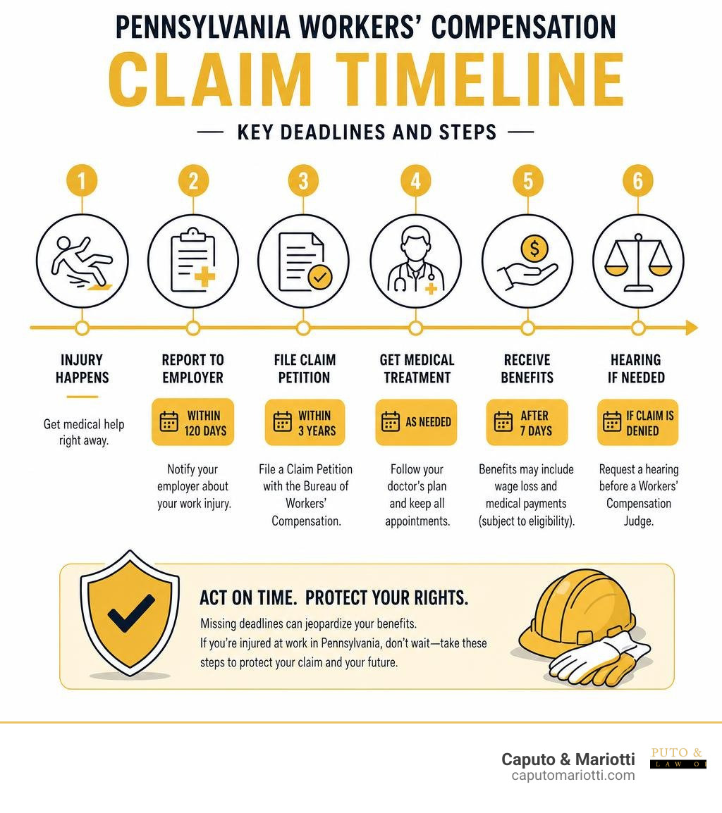 Pennsylvania workers' compensation claim timeline infographic with key deadlines and steps infographic Pennsylvania workers' compensation claim timeline infographic with key deadlines and steps infographic
