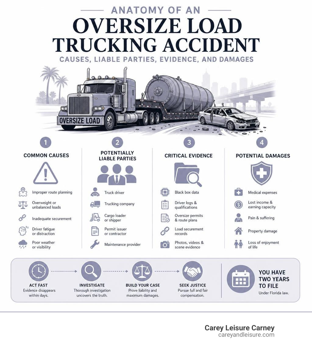 Anatomy of an oversize load trucking accident — causes, liable parties, evidence, and damages infographic Anatomy of an oversize load trucking accident — causes, liable parties, evidence, and damages infographic
