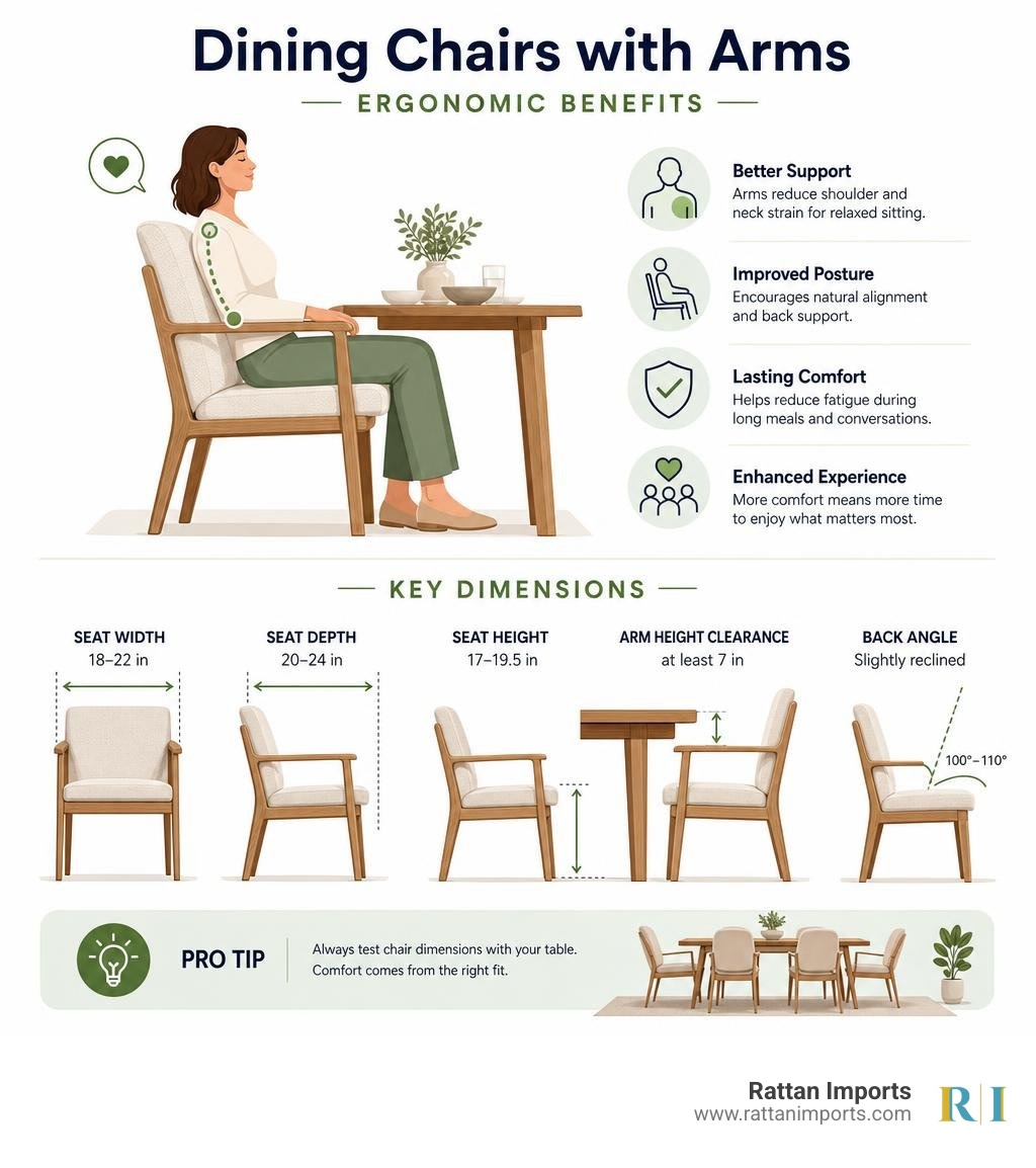 Infographic showing ergonomic benefits and key dimensions of dining chairs with arms infographic