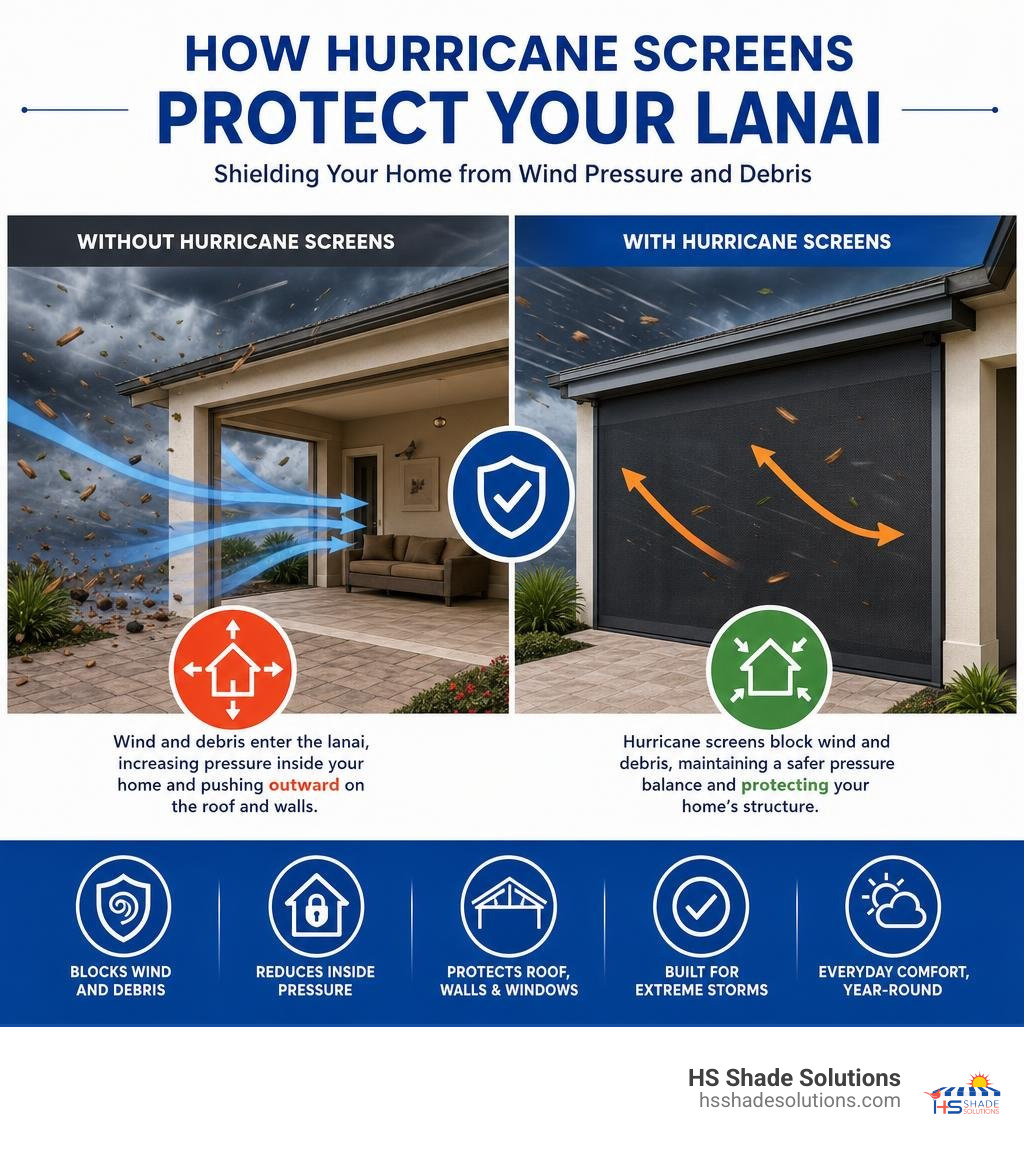 Infographic showing how hurricane screens protect a lanai building envelope from wind pressure and debris infographic Infographic showing how hurricane screens protect a lanai building envelope from wind pressure and debris infographic