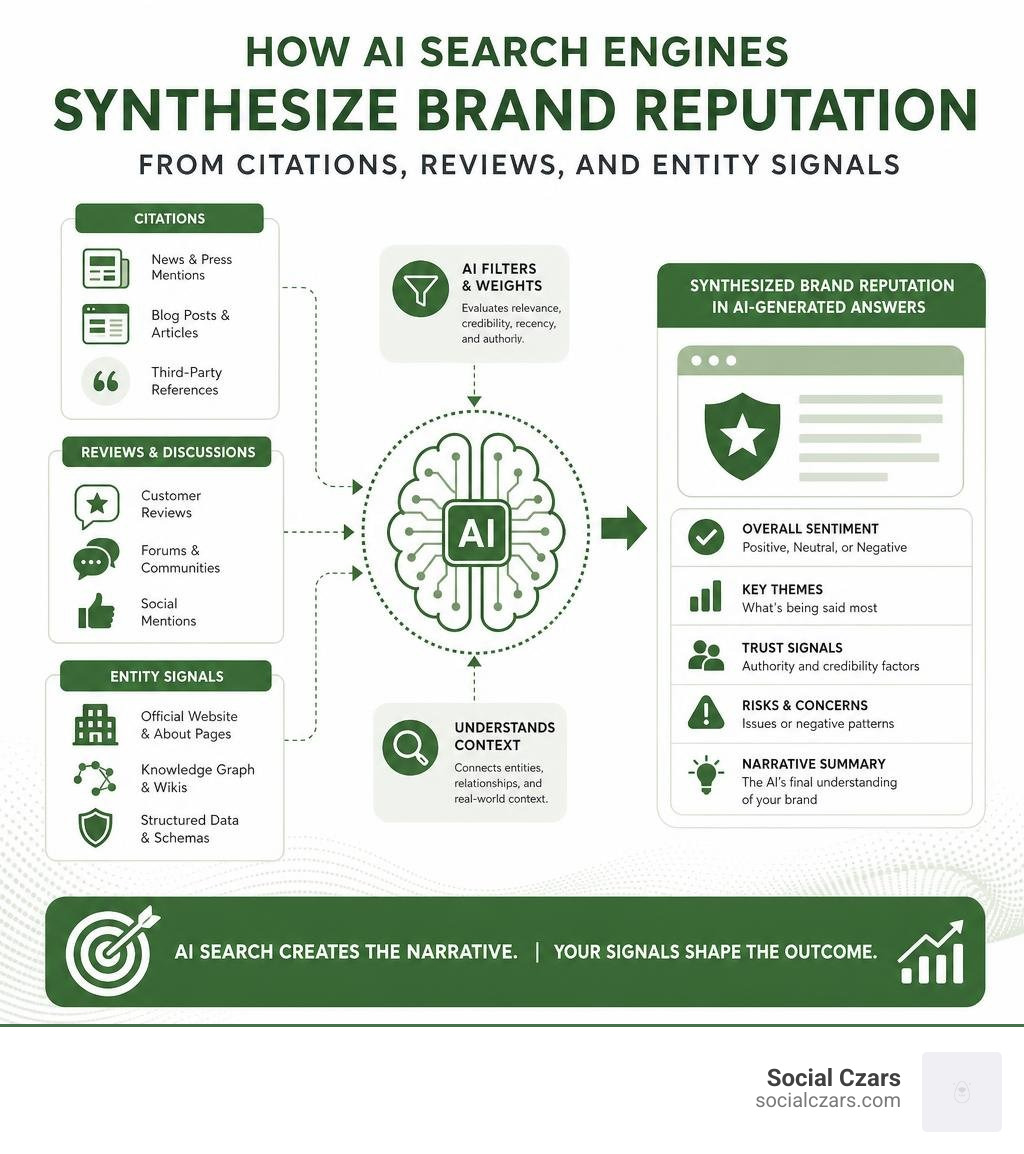 How AI search engines synthesize brand reputation from citations, reviews, and entity signals infographic How AI search engines synthesize brand reputation from citations, reviews, and entity signals infographic