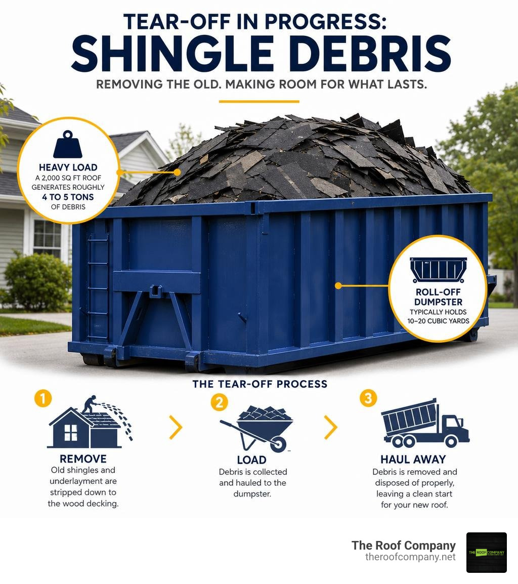 A large roll-off dumpster filled with torn-off shingle debris infographic A large roll-off dumpster filled with torn-off shingle debris infographic