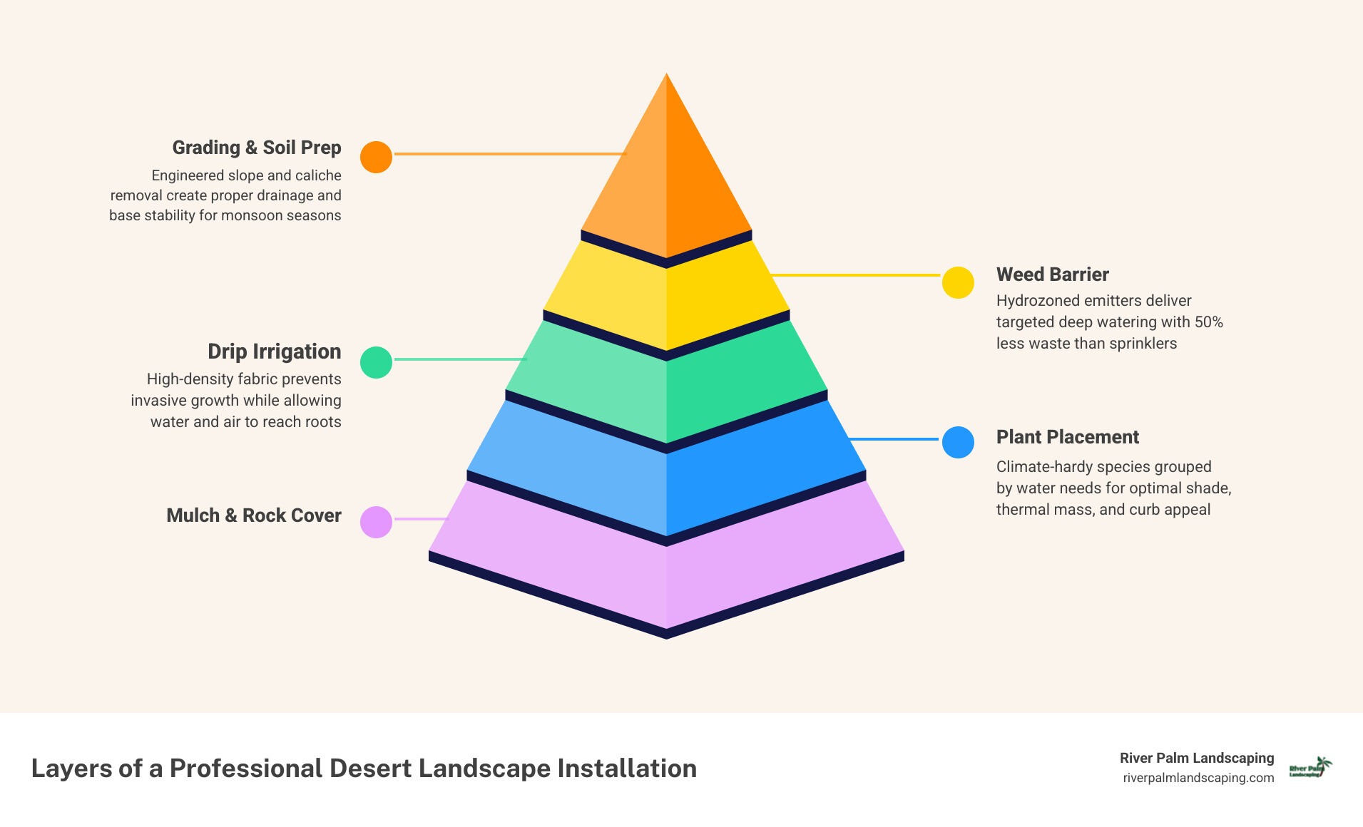 Infographic showing layers of a professional desert landscape installation: grading, weed barrier, rock mulch, drip