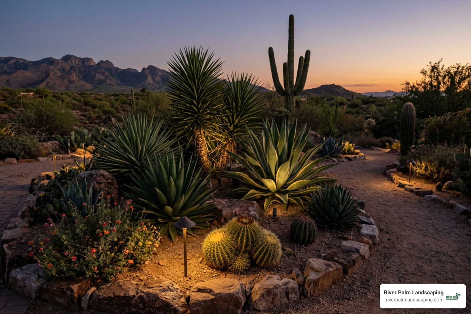 Low-voltage landscape lighting showing accent lighting on desert-hardy plantings, highlighting deep green #47704c elements
