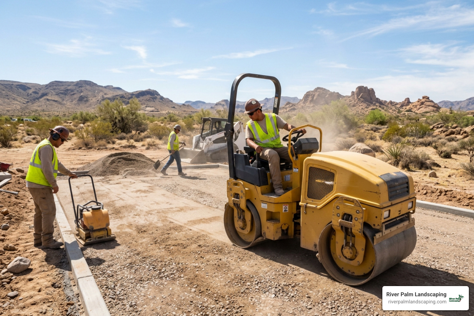 Professional landscape crew using heavy machinery to compact the sub-base for turf installation in Mohave County
