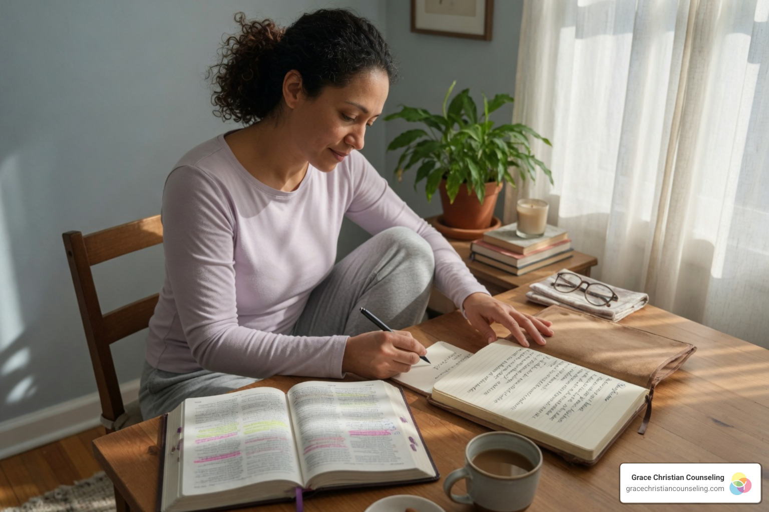 A person journaling during morning devotions, reflecting on scripture