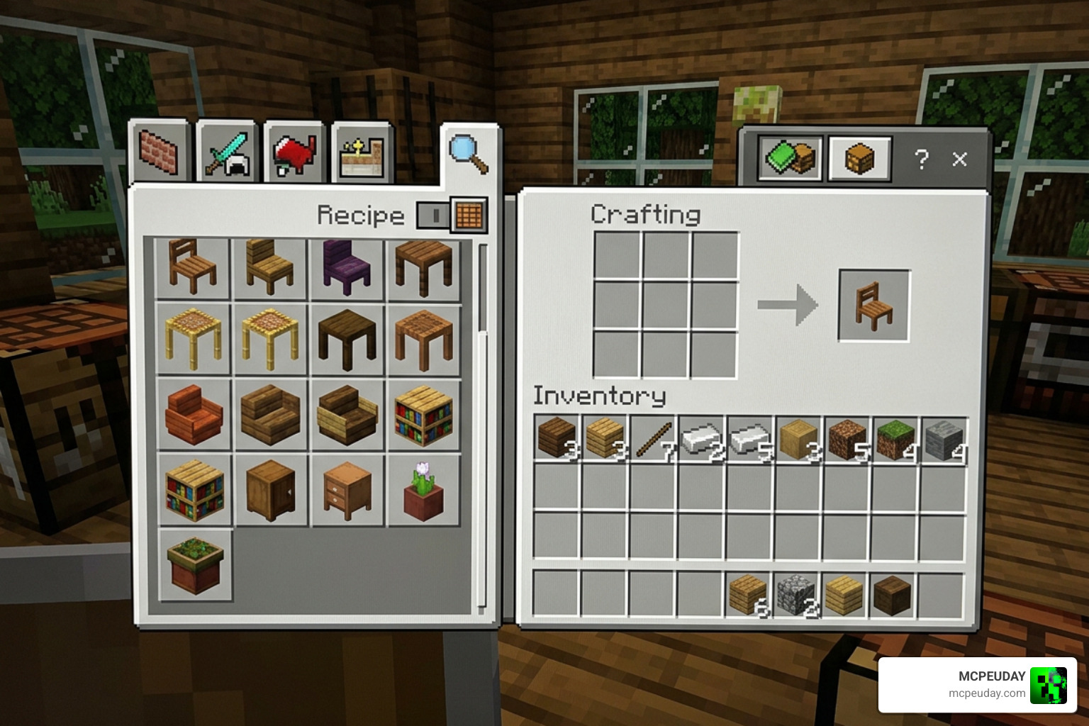 Crafting recipe UI in Minecraft Bedrock showing how to make furniture blocks Crafting recipe UI in Minecraft Bedrock showing how to make furniture blocks