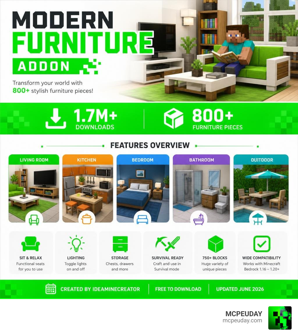 Modern Furniture ADDON features overview infographic with block categories and download stats infographic Modern Furniture ADDON features overview infographic with block categories and download stats infographic