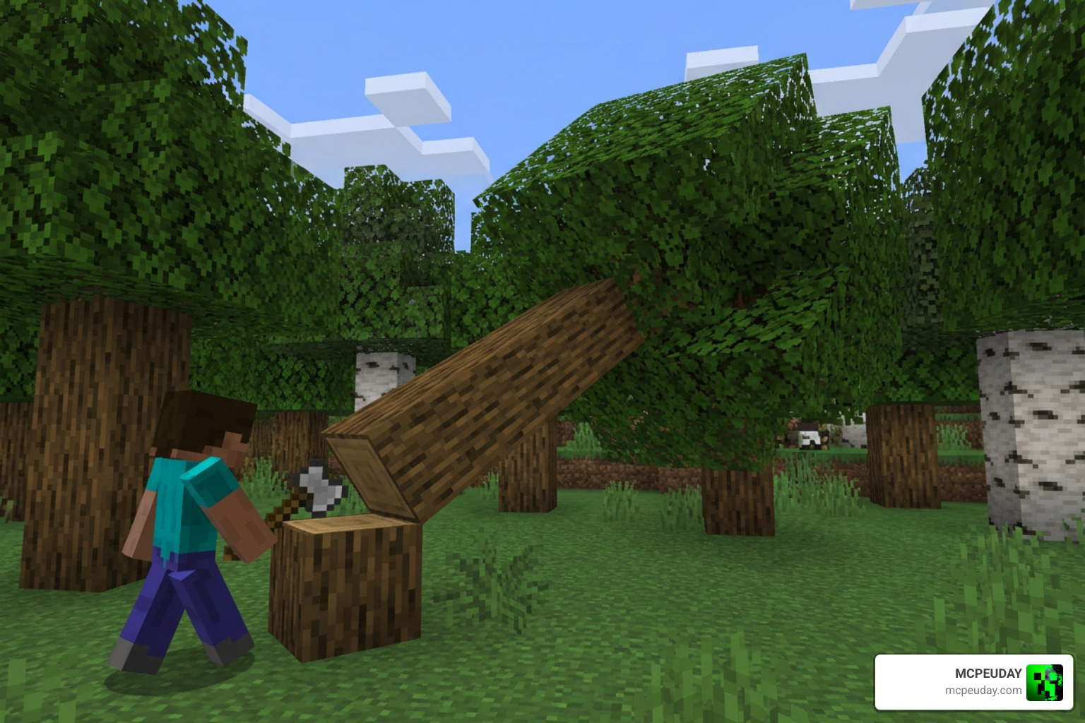 Minecraft Bedrock tree falling physics with Raiyon's Tree Chopper ADDON