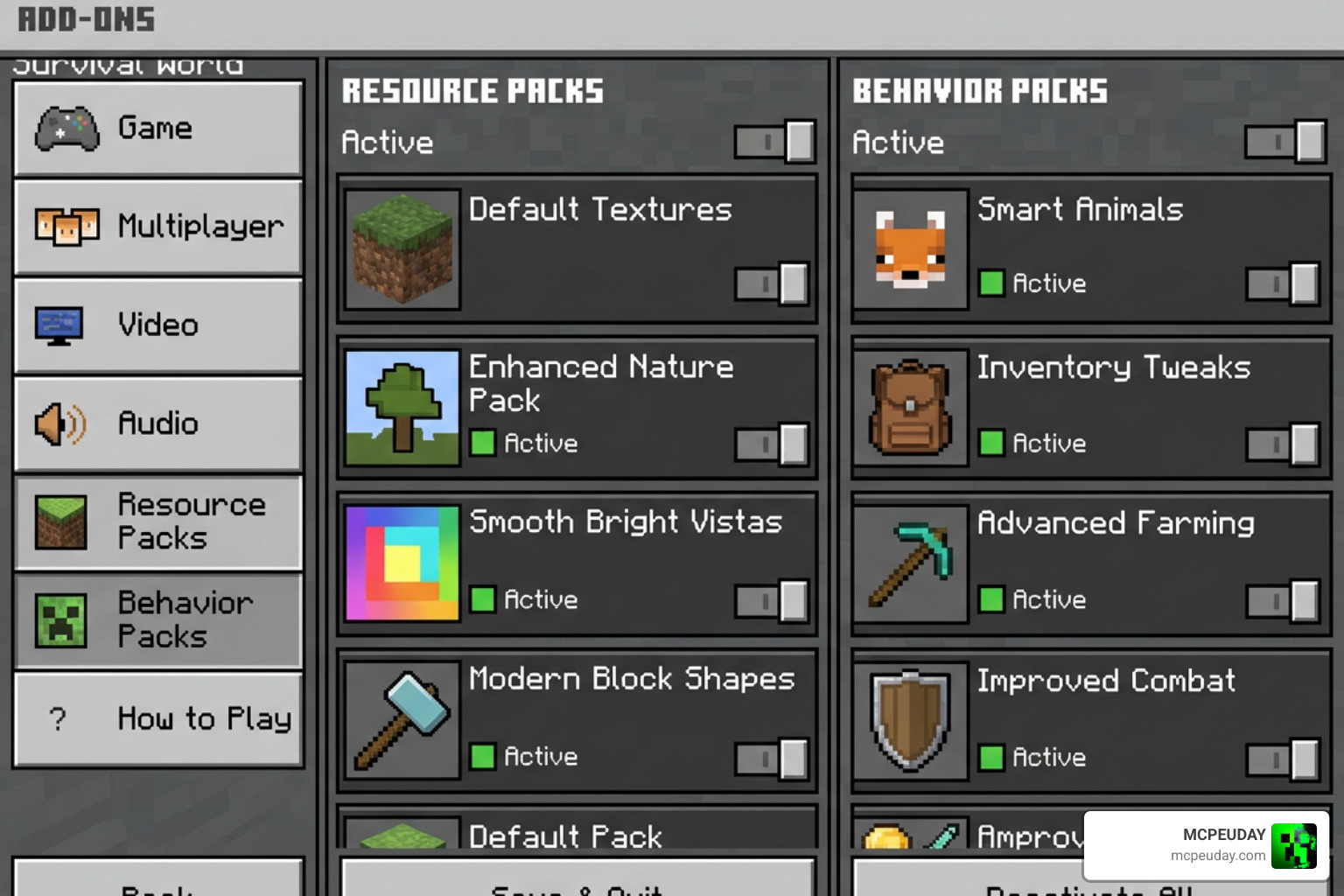Minecraft Bedrock world settings menu showing active behavior and resource packs