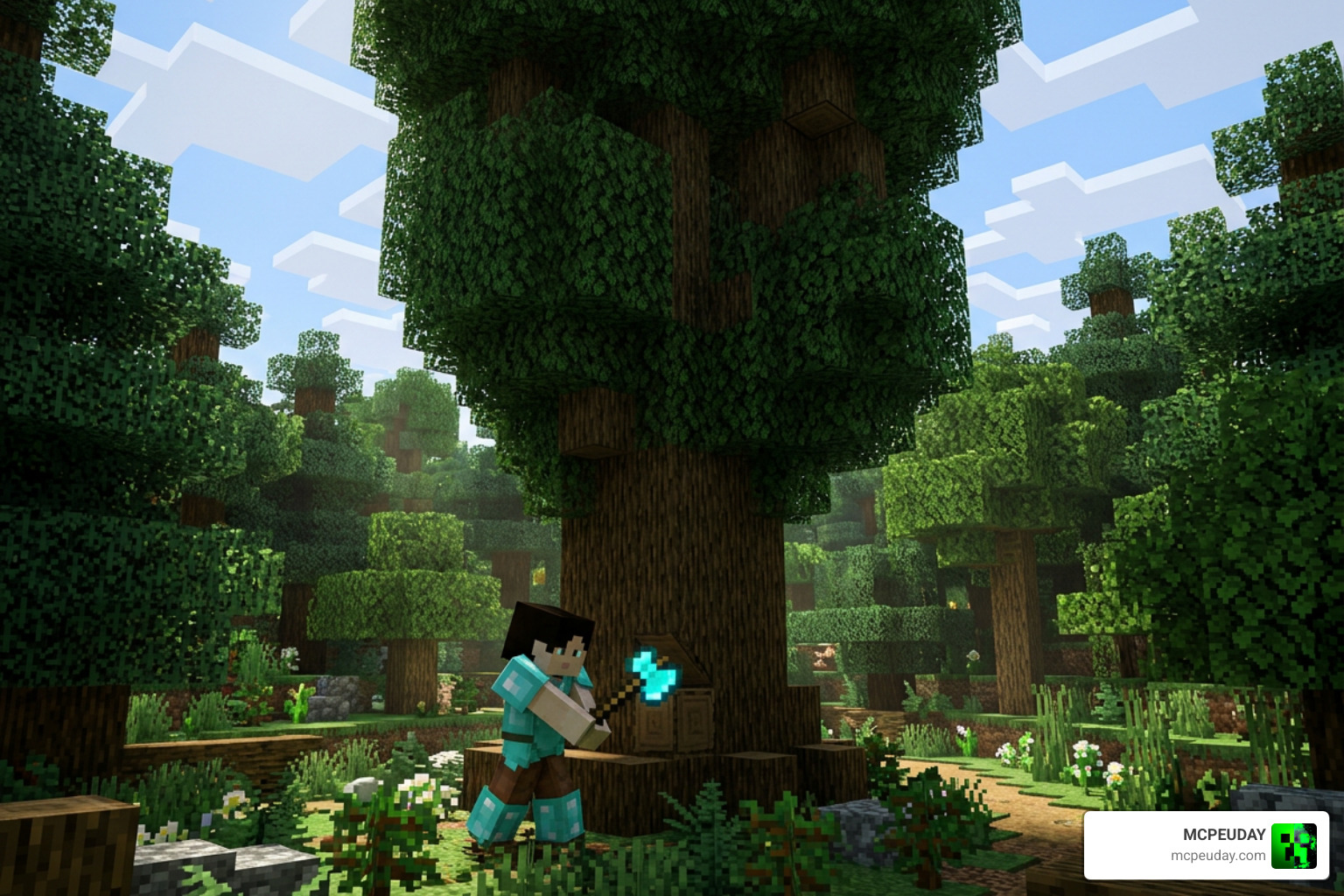 Raiyon's Tree Chopper ADDON Minecraft Bedrock player chopping giant tree survival