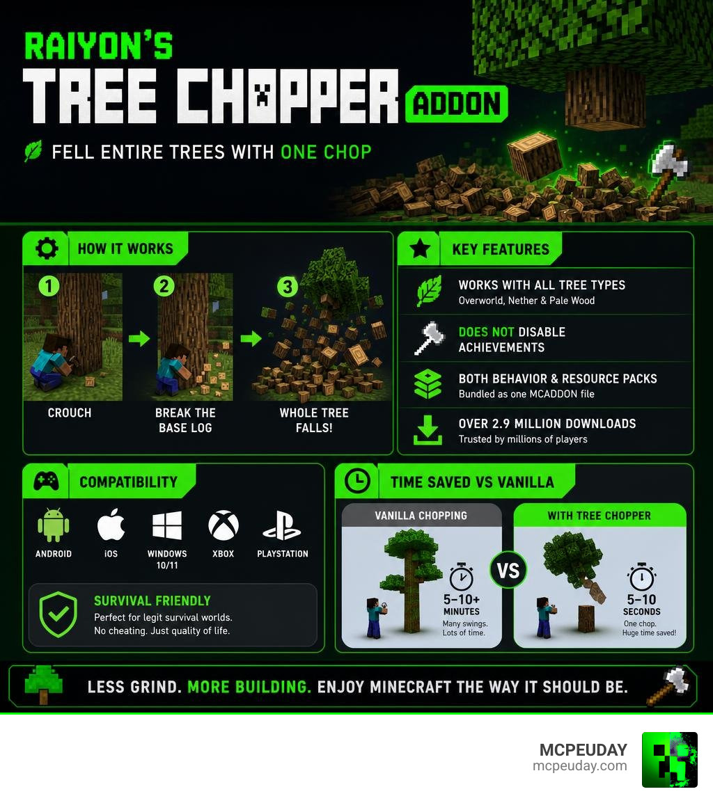 Infographic showing Raiyon's Tree Chopper ADDON features, mechanics, compatibility, and time saved vs vanilla chopping