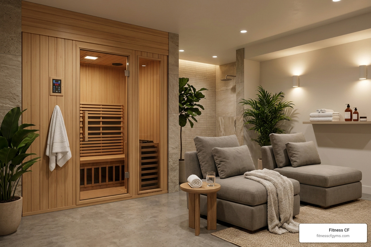 A clean, modern gym recovery room featuring an infrared sauna and comfortable seating A clean, modern gym recovery room featuring an infrared sauna and comfortable seating