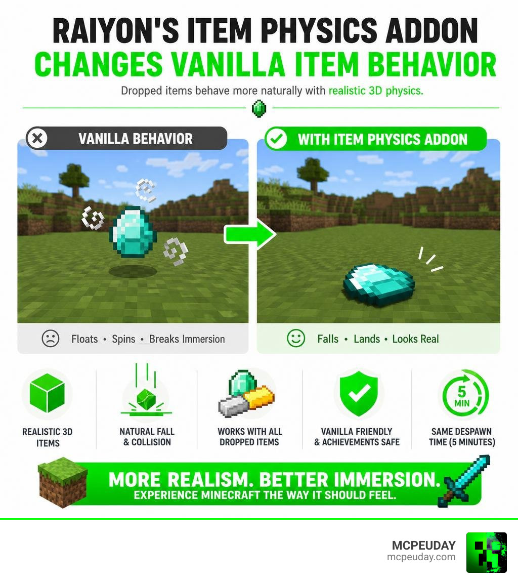 Infographic showing how Raiyon's Item Physics ADDON changes vanilla Bedrock item behavior infographic