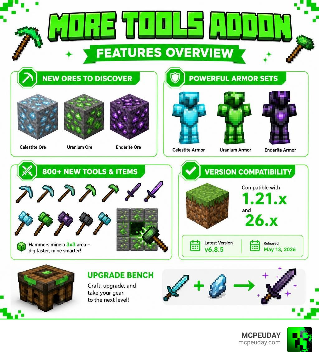More Tools Addon features overview infographic showing ores, armor sets, tool count, and version compatibility infographic