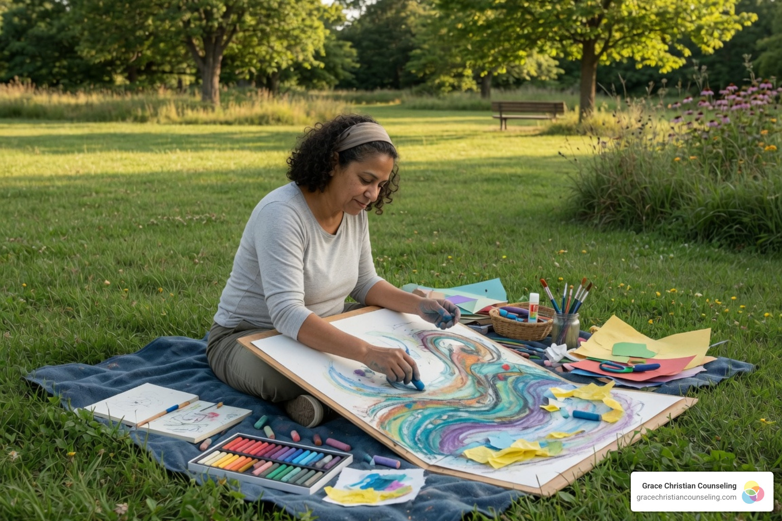 Outdoor expressive arts therapy in a grassy green space. 1 person Outdoor expressive arts therapy in a grassy green space. 1 person