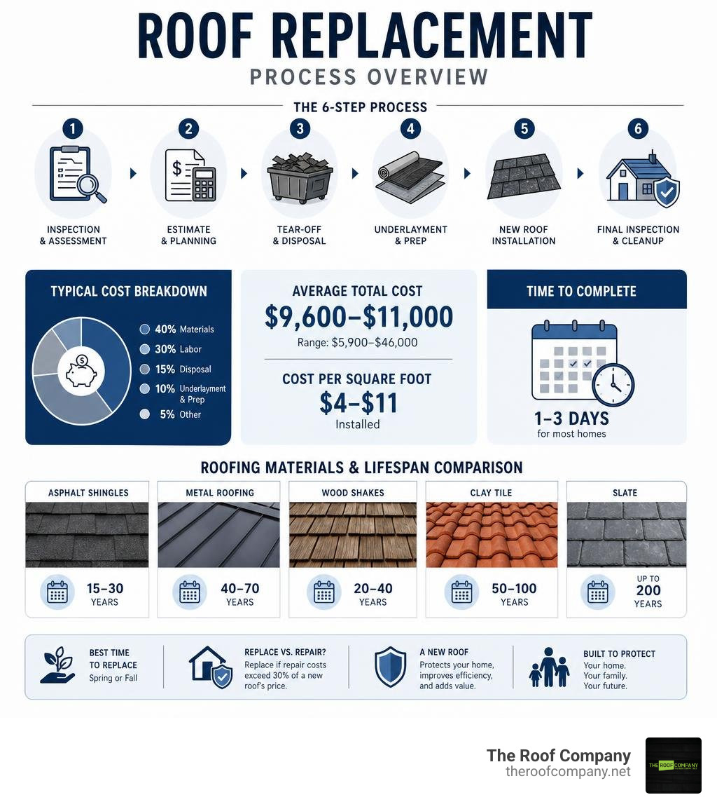Roof replacement process overview infographic showing steps, costs, materials, and lifespan comparisons infographic Roof replacement process overview infographic showing steps, costs, materials, and lifespan comparisons infographic
