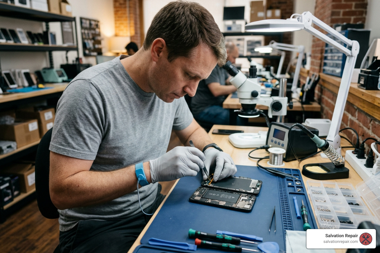 technician repairing Samsung Galaxy screen in a clean workbench