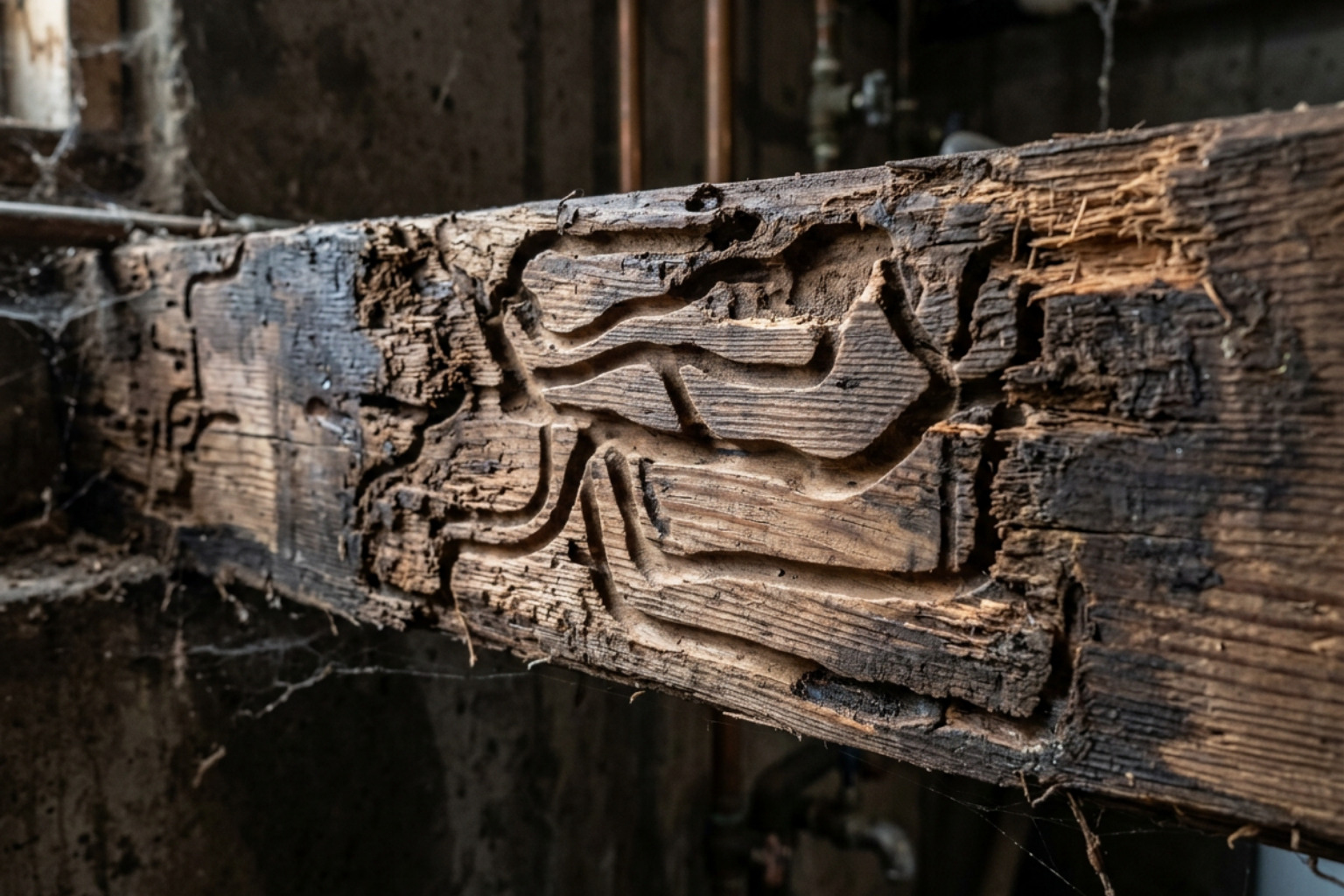 A close-up view of smooth, clean carpenter ant galleries carved into moisture-damaged structural timber