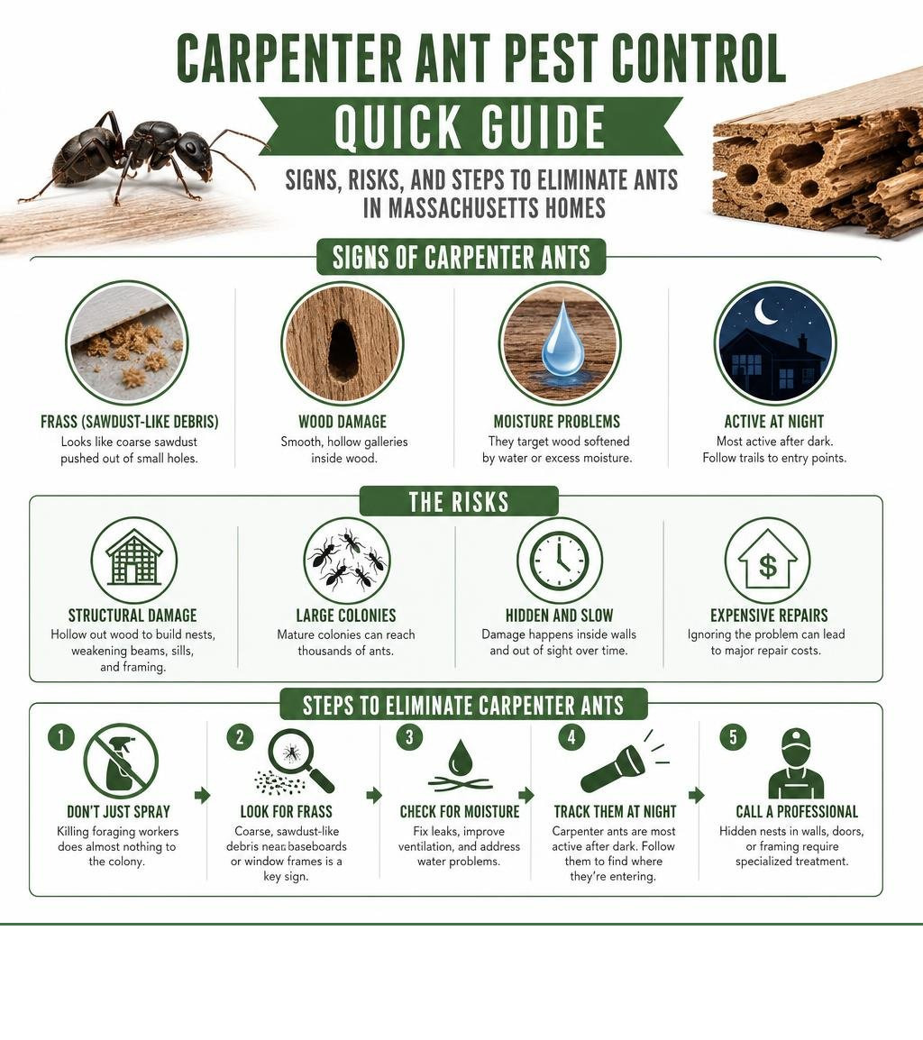 Carpenter ant pest control quick guide: signs, risks, and steps to eliminate ants in Massachusetts homes infographic