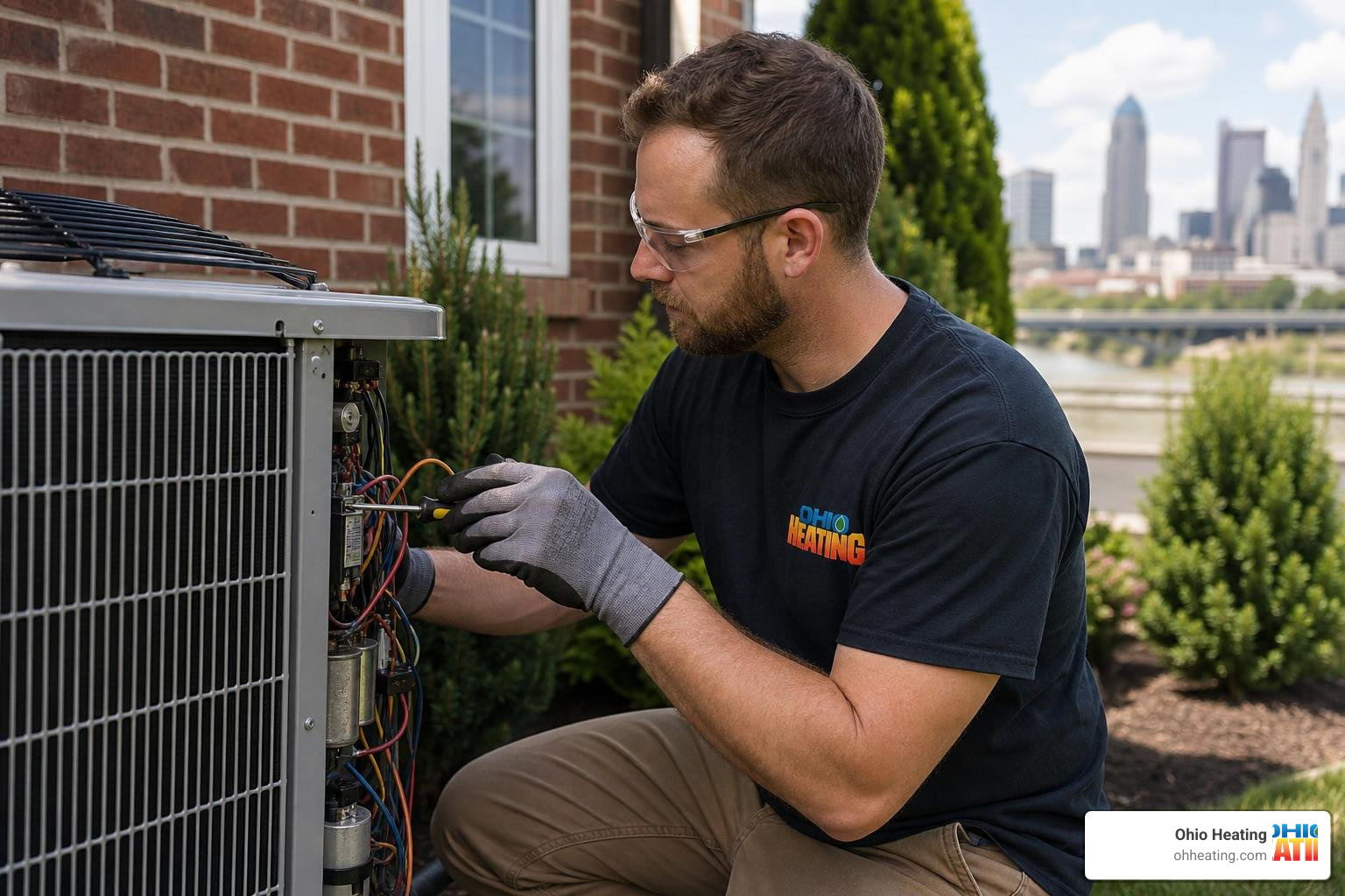Our Ohio Heating technician repairing a central AC compressor in Columbus