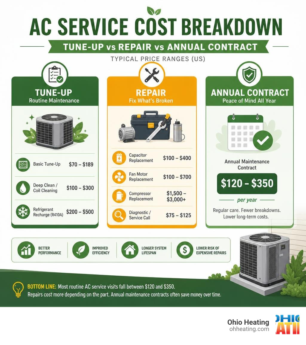 AC service cost breakdown infographic showing tune-up vs repair vs annual contract pricing ranges infographic