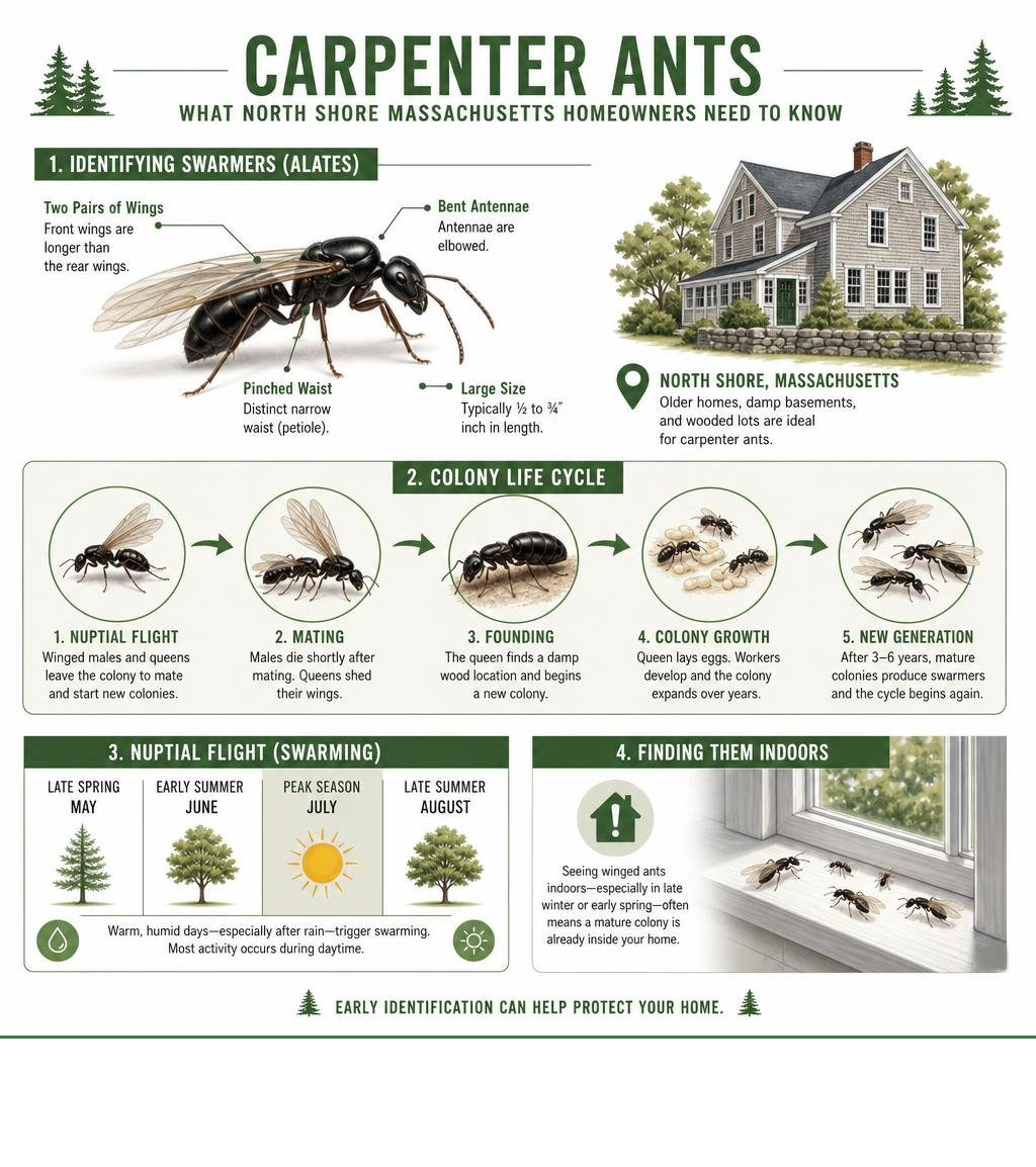 Infographic showing carpenter ant nuptial flight, colony life cycle, and swarmer identification for North Shore