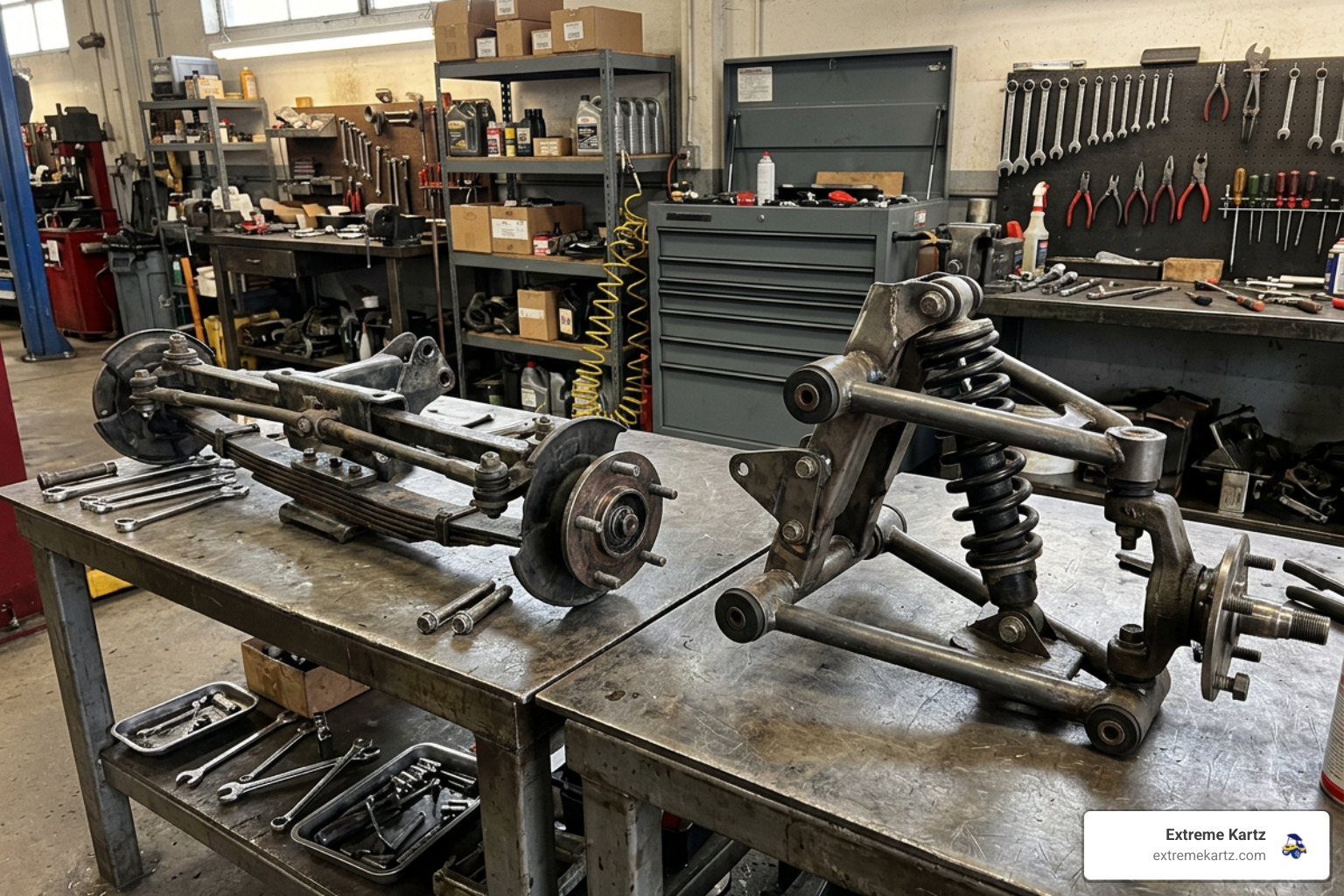 EZGO TXT and RXV suspension setups side by side in a professional workshop